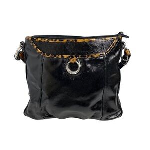 Brighton Patent Black shiny Leather and cheetah print shoulder bag/cloth pouch